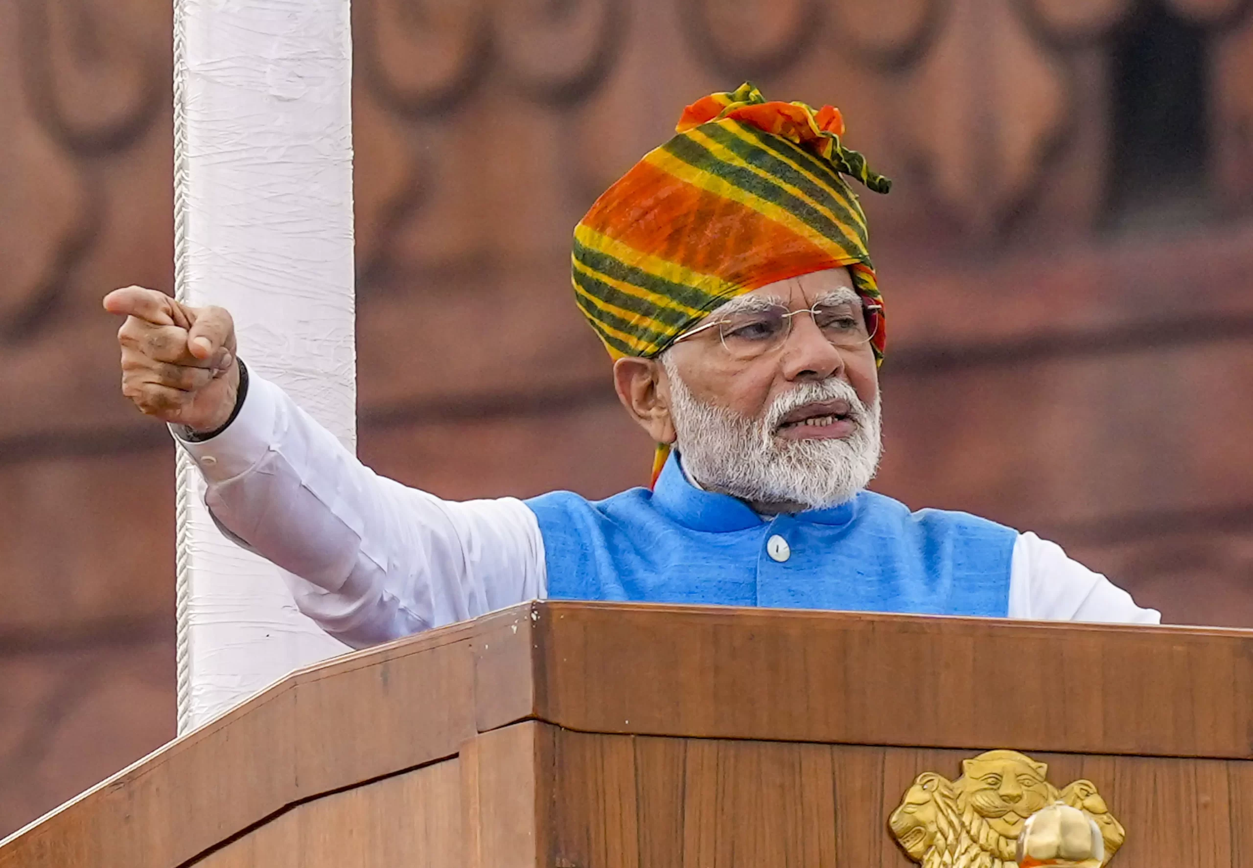 Prime Minister Narendra Modi addresses the nation from the Red Fort on 78th Independence Day, in New Delhi, Thursday, Aug. 15, 2024. (PTI Photo/Shahbaz Khan)