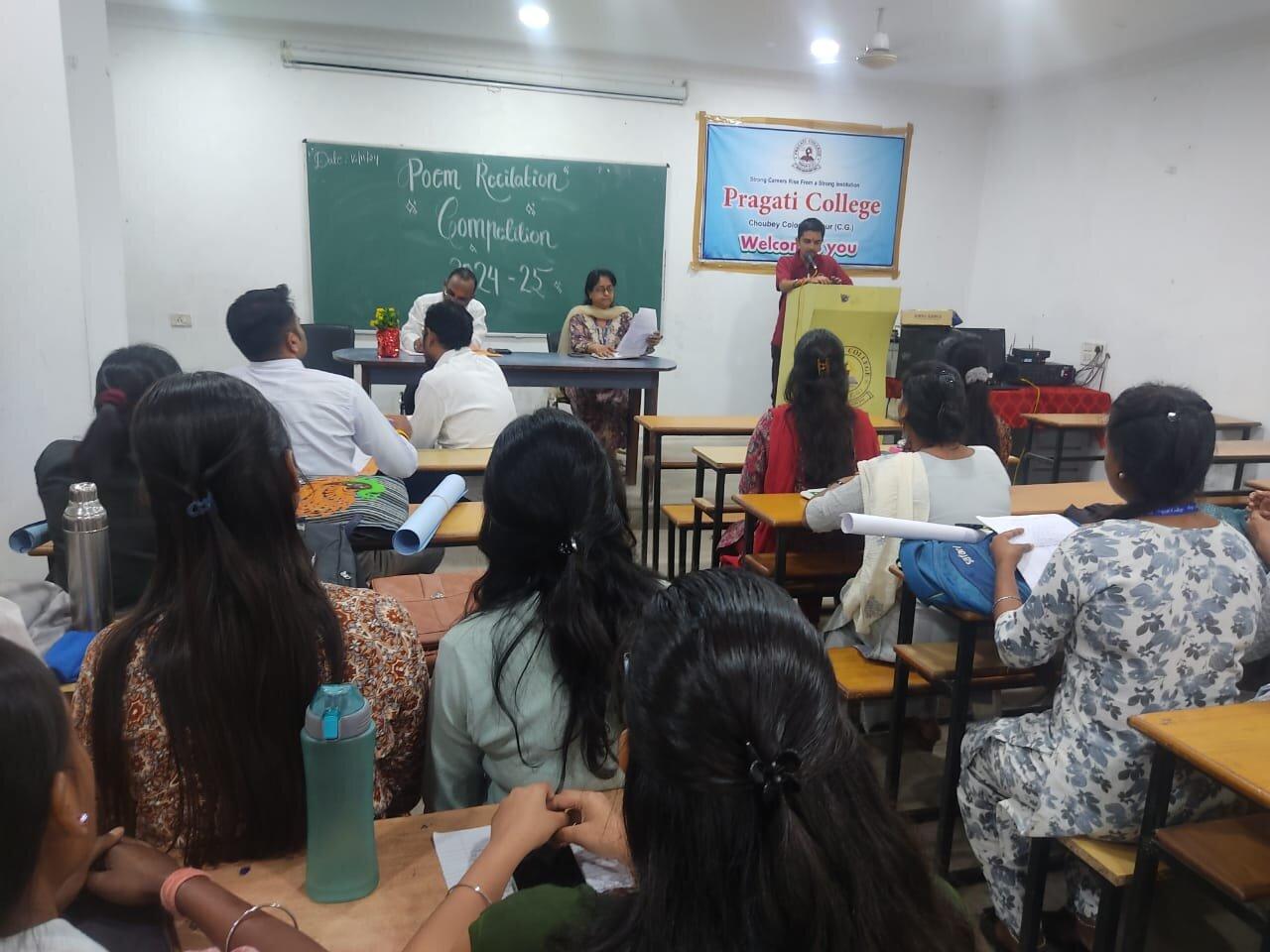 Pragati College ,Choubey Colony , Raipur organises  a  Poetry recitation  inter class competition  under on going  Pragati -Jazz Session -2024