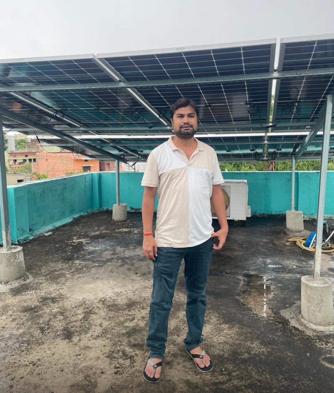 Solar power plant on the roof top  of Shashank Dubey’s  house. The electricity bill of the house comes to zero, supplying electricity to the government that increases his income …..