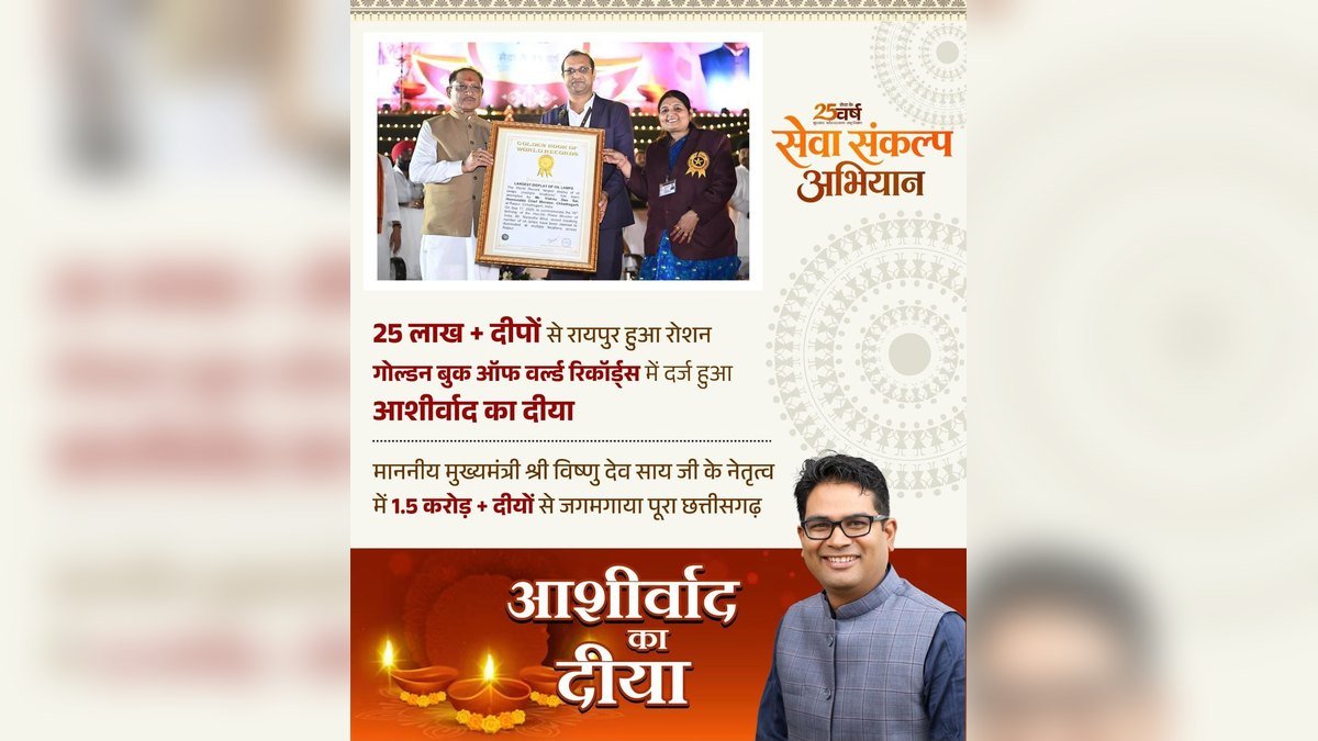 ‘Aashirwad Ka Diya’ Enters Golden Book of World Records as Over 25 Lakh Lamps Light Up Raipur