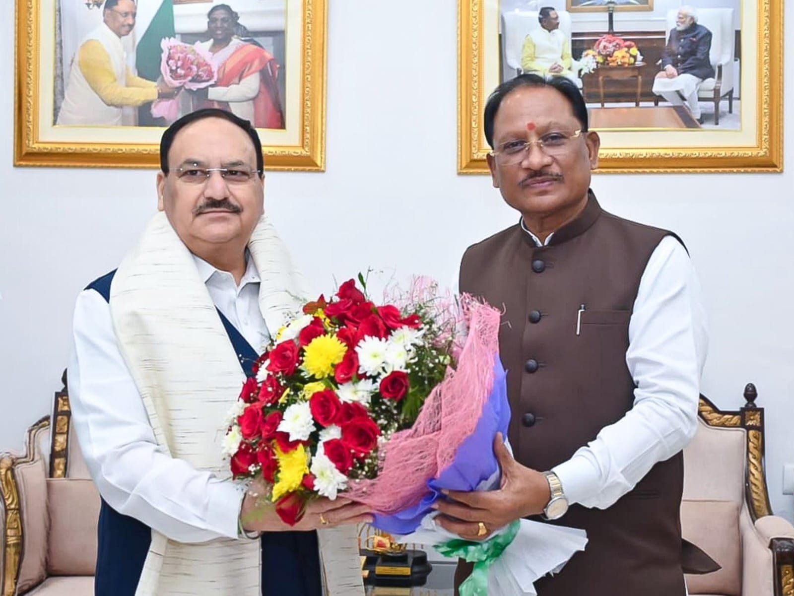 CM Vishnu Deo Sai Welcomes Union Health Minister J.P. Nadda in Raipur